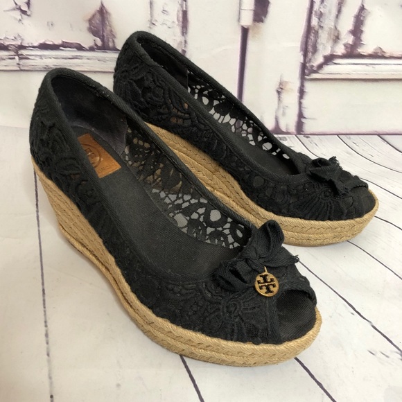 Tory Burch Shoes - TORY BURCH black lace peep toe espadrille wedges 8